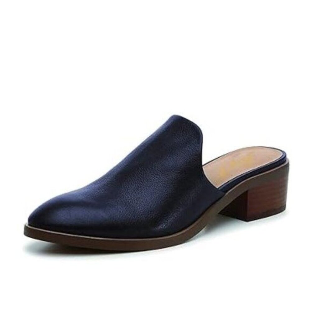 FOWT Dark Blue Round Closed Toe Mules Slip On Retro Loafer Low Chunky Slippers